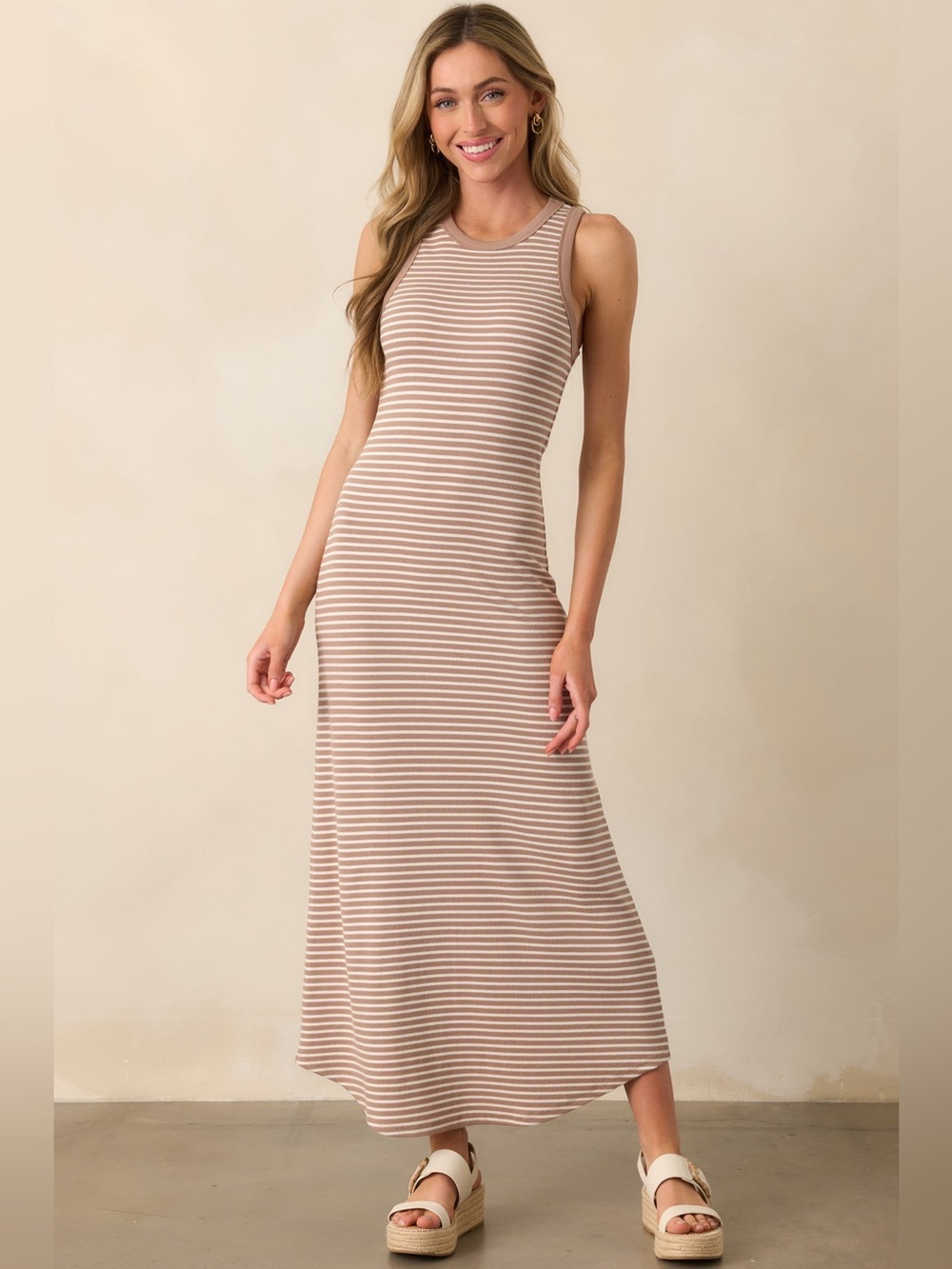 Z Supply Tan Iced Coffee Goodwin Stripe Midi Dress Size Large - C30-147